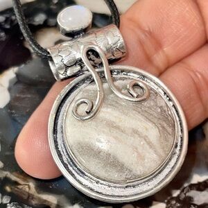 Crystal Pairing of Phantom Zebra Calcite & Moonstone Pendant 1 7/8”